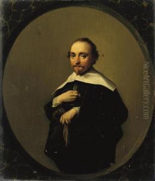 Portrait Of A Gentleman, 
Three-quarter-length, In A Black Costumewith A White Collar, Holding His
 Gloves, In A Painted Oval Oil Painting by Hendrick Gerritsz. Pot