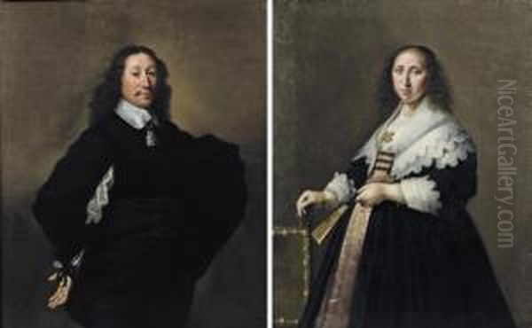 Portrait Of A Gentleman, 
Three-quarter-length, In A Black Costume With A White Chemise And 
Collar; And Portrait Of A Lady, Three-quarter-length, In A Pink 
Embroidered Dress And Black Coat With White Cuffs And Collar Standing By
 A Chair Holding A F Oil Painting by Hendrick Gerritsz. Pot