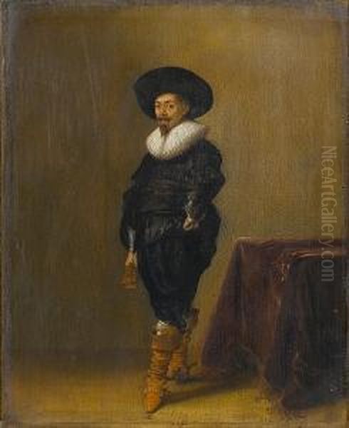 Portrait Of A Gentleman, 
Standing Small-full-length, In Black Costume With A White Ruff And Black
 Hat, Holding A Pair Of Gloves, Before A Draped Table Oil Painting by Hendrick Gerritsz. Pot