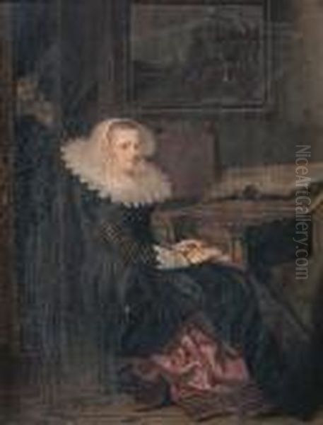 A Young Woman Playing The Virginals, A Man In The Doorwaybeyond Oil Painting by Hendrick Gerritsz. Pot