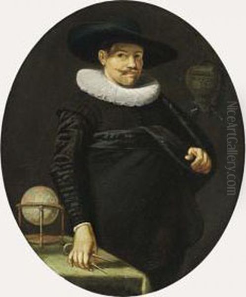 A Portrait Of A Geographer, Aged
 34, Standing Three-quarter Length, Wearing A Black Satin Suit With A 
White Lace Collar And A Black Hat, A Table With A Globe On The Left Oil Painting by Hendrick Gerritsz. Pot