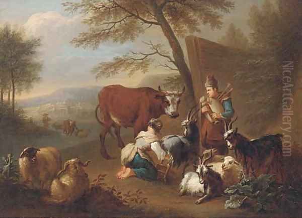 An Italianate landscape with a shepherdess milking a goat, a man playing a doodlesack and a drover fording a river beyond Oil Painting by Christian Wilhelm Ernst Dietrich