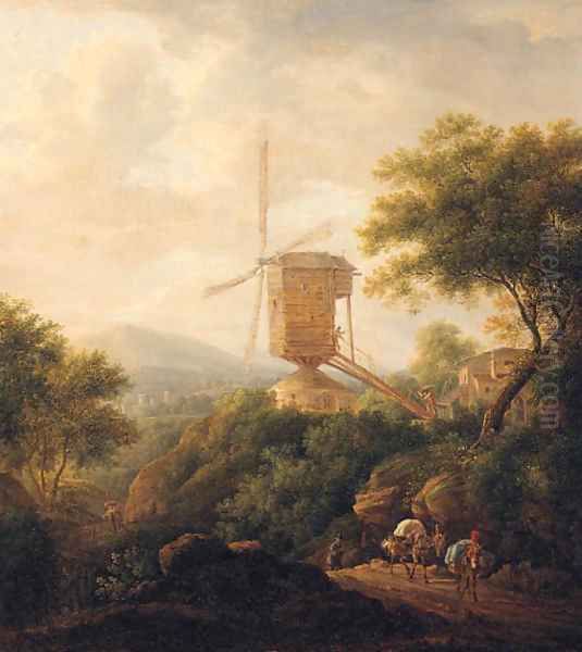 A landscape with a traveller and mules on a track by a windmill Oil Painting by Christian Wilhelm Ernst Dietrich