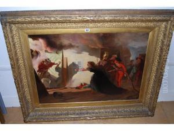 Figures In Theatrical Costume Rescuing A Child From A Burning Building Oil Painting by Laslett John Pott