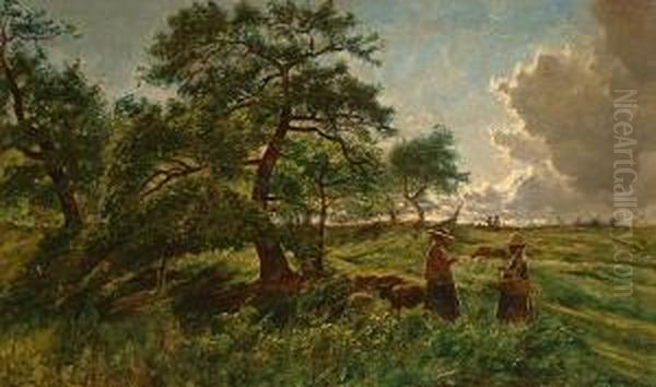 Peasants In A Landscape With Sheep. Oil Painting by Adolphe Potter