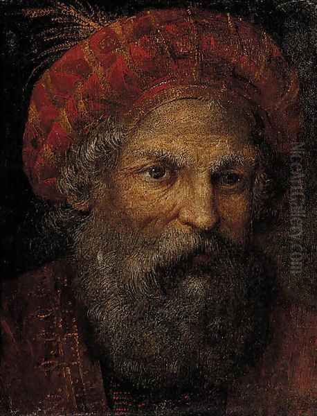 Portrait of a bearded gentleman, bust-length, wearing an embroidered hat and jerkin Oil Painting by Christian Wilhelm Ernst Dietrich