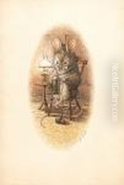 A Mouse Seated In An Armchair, 
Knitting With Two Balls Of Wool, Beside A Table On Which Stands A Gas 
Lamp Oil Painting by Helen Beatrix Potter