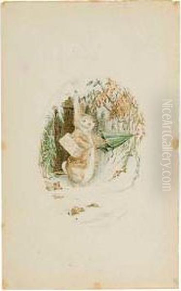 A Rabbit Stepping From His 
Doorway Into The Snow, Basket On Arm, Beginning To Unfurl A Green 
Umbrella. Oil Painting by Helen Beatrix Potter