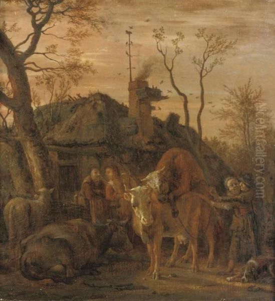 A Tethered Bull Covering A Cow In A Farmyard Oil Painting by Paulus Potter