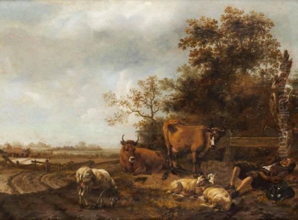 Pastoralt Landskap Med Herde Och Getter Oil Painting by Paulus Potter