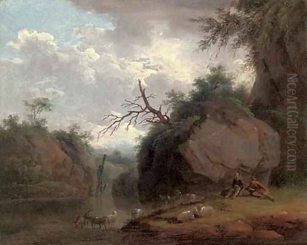 A wooded river landscape with shepherds and their flock Oil Painting by Christian Wilhelm Ernst Dietrich