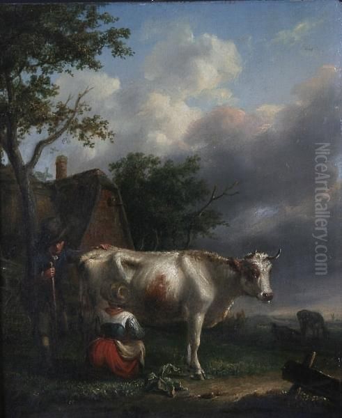 Maid Milking A Cow With Man Looking On Oil Painting by Paulus Potter