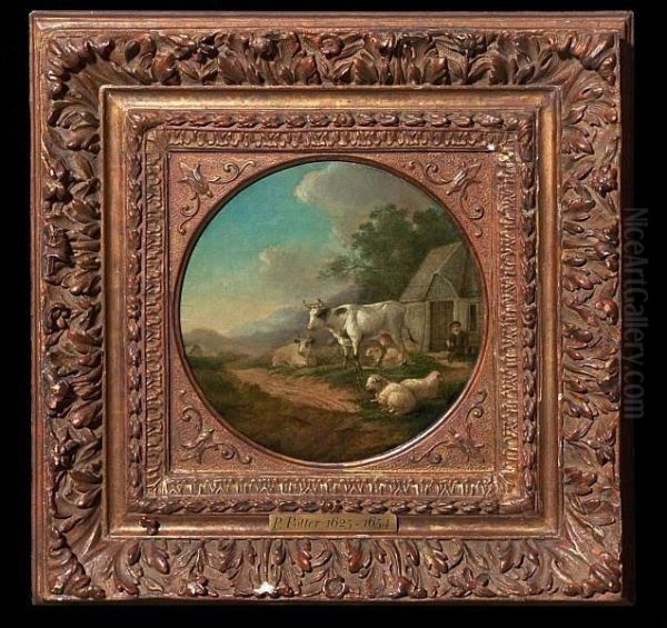 Copy After: Cattle By Small 
Farm, In The Background Mountains. Unsigned. Oil On Plate. Diam. 18,5 Cm Oil Painting by Paulus Potter