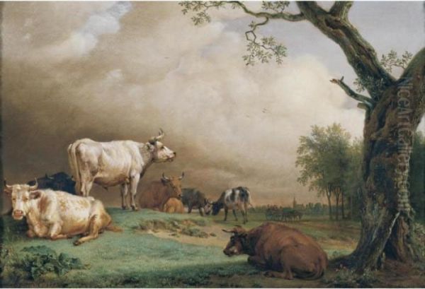 Cattle In A Field, With 
Travellers In A Wagon On A Track Beyond And A Church Tower In The 
Distance, A Rain Storm Approaching Oil Painting by Paulus Potter