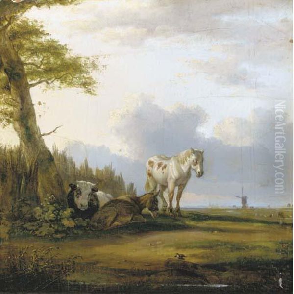 A Horse, A Donkey And A Cow Resting Near A Tree Oil Painting by Paulus Potter