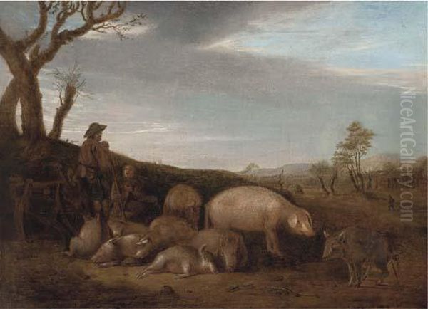 A Swineherd With Pigs In A Landscape Oil Painting by Paulus Potter