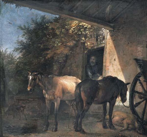 A Barnyard With Two Plough Horses Oil Painting by Paulus Potter