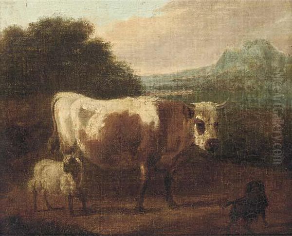 A Cow And Sheep In A Landcape Oil Painting by Paulus Potter