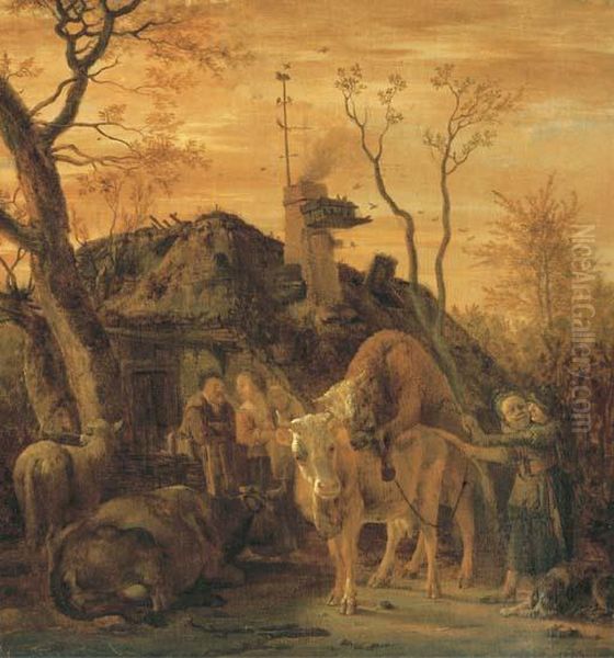 A Tethered Bull Covering A Cow In A Farmyard Oil Painting by Paulus Potter