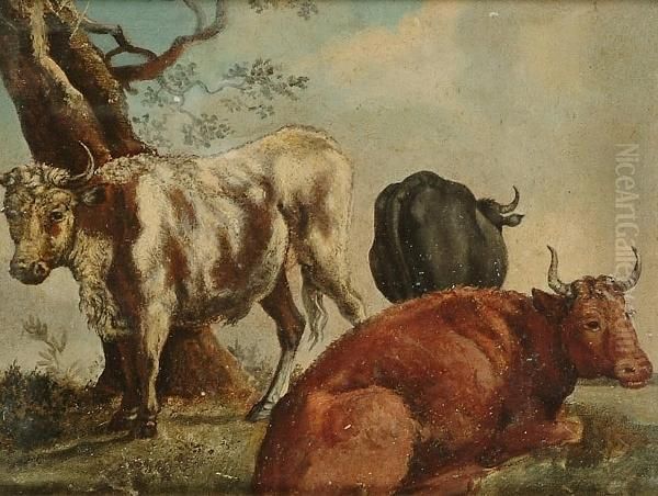 Three Bulls In A Landscape Oil Painting by Paulus Potter