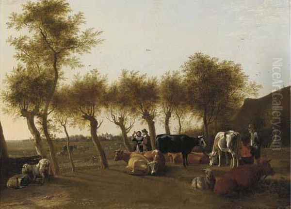 A Landscape With A Milkmaid And A
 Herder With Cows And Sheep, An Elegant Couple On A Tree-lined Path 
Beyond Oil Painting by Paulus Potter