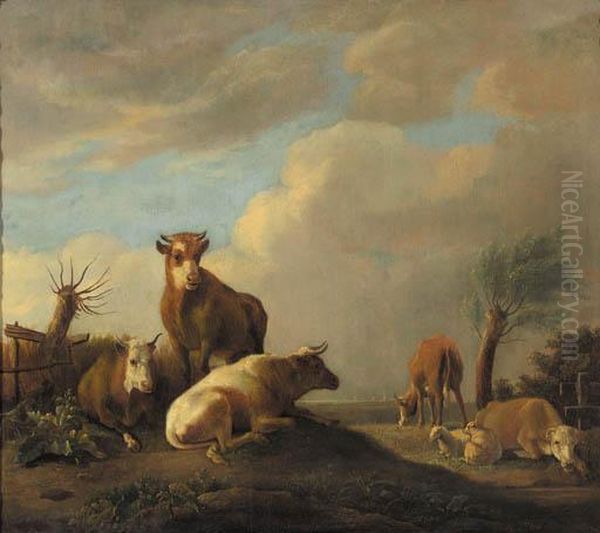 Cattle And Sheep In A Meadow Oil Painting by Paulus Potter