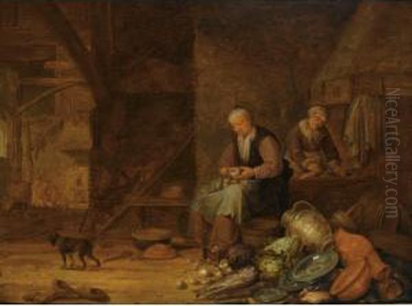 A Barn Interior With A Woman 
Peeling Onions And Another Woman Cleaning, A Still Life Of Pots, A 
Copper Jug And Plates, Cabbages, Onions And Fish In The Foreground, A 
Dog To The Left Oil Painting by Pieter Symonsz Potter