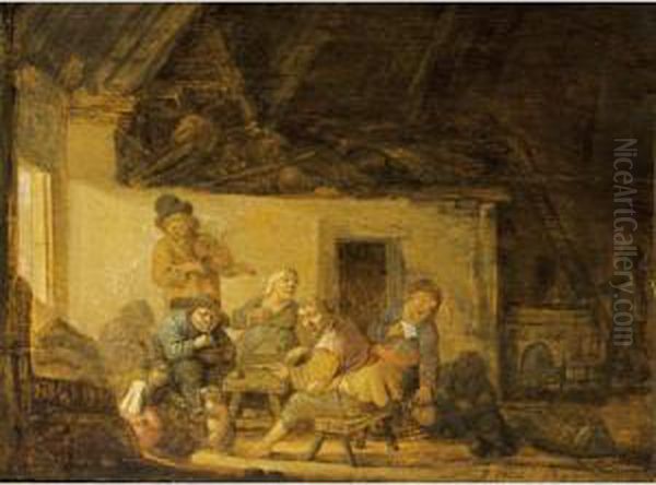 A Barn Interior With Peasants 
Singing And Smoking Around A Table Together With A Violin Player, And A 
Child Playing With A Dog Oil Painting by Pieter Symonsz Potter