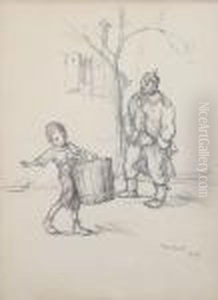 A Study Of A Boy Carrying A Bucket With A Soldier Looking On Oil Painting by Francisque Poulbot