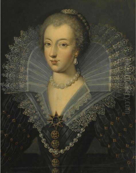 Portrait Of A Lady In An Ornate Black Dress With A Lace Ruff Oil Painting by Frans Pourbus