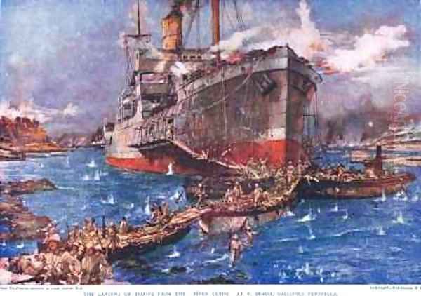 The Landing of troops from the River Clyde at V Beach Galipolli Peninsula Oil Painting by Charles Edward Dixon