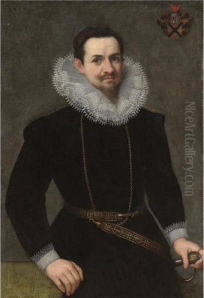 Portrait Of A Bearded Gentleman, Half Length, Wearing A Black Doublet And White Ruff Oil Painting by Frans Pourbus