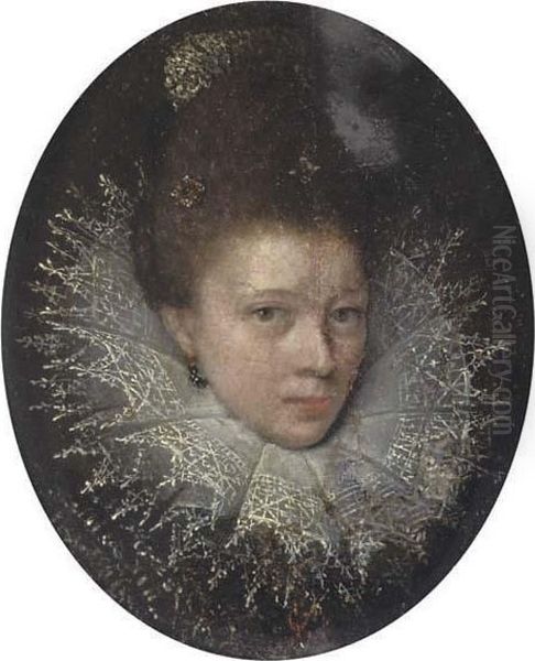 A Young Lady, In Black Dress 
With Elaborate Ruff, Jewels In Her Upswept Hair; And A Lady In Low-cut 
Black Dress With White Underslip, Pearl Choker, Lace And Red Ribbon In 
Her Hair (dutch School, Circa 1700) Oil Painting by Frans Pourbus