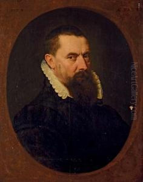 Portrait Of A Bearded Gentleman,
 Bust-length, In A Black Doublet With A White Lace Ruff, Painted Oval Oil Painting by Frans Pourbus