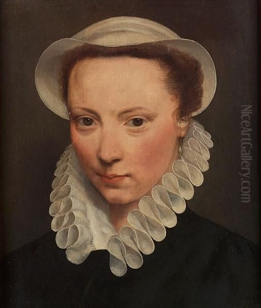 Portrait Of A Young Lady, Head And Shoulders, In Black Costume With A Ruff And A Cap Oil Painting by Frans Pourbus