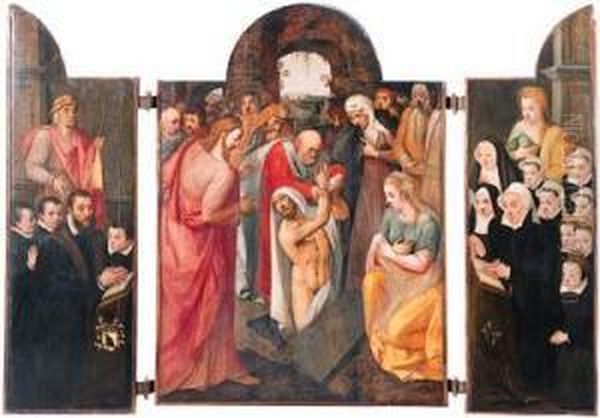 A Triptych: The Raising Of 
Lazarus On The Central Compartment Witha Kneeling Male Donor, Presented 
By Saint Jacob And Accompanied Byhis Sons On The Left Wing, His Wife, 
Kneeling, Presented By Saintcatherine And Accompanied By Her Daughters 
On The  Oil Painting by Frans Pourbus