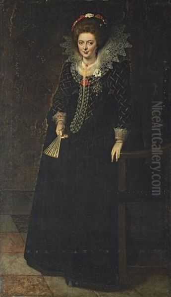 Portrait Of A Lady, Full-length, In A Black Dress With A Jewelled Brooch, Holding A Fan Oil Painting by Frans Pourbus the younger