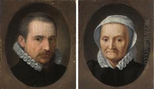 Portrait Of A Gentleman, 
Bust-length, In A Black Doublet And Whiteruff, In A Feigned Oval; And 
Portrait Of A Lady, Bust Length, In Ablack Dress And White Ruff And Cap,
 In A Feigned Oval Oil Painting by Frans Pourbus the younger