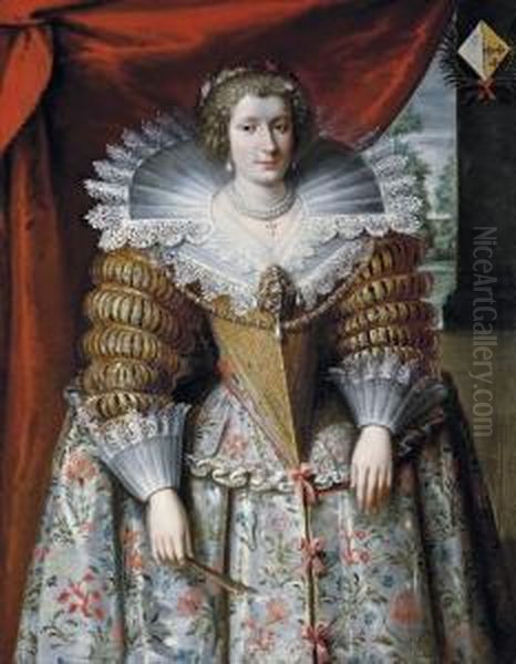 Portrait Of A Noblewoman, 
Three-quarter-length, In A Richly Gold-embroidered Dress And A Jewelled 
Brooch, A Garden Beyond Oil Painting by Frans Pourbus the younger