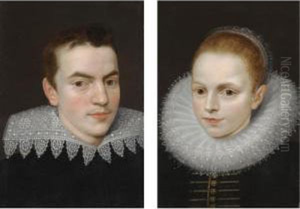 Portrait Of A Young Gentleman, 
Head And Shoulders, Wearing Black With An Elborate Ruff; Portrait Of A 
Young Lady, Head And Shoulders, Wearing A Black Dress With An Elborate 
Ruff Oil Painting by Frans Pourbus the younger