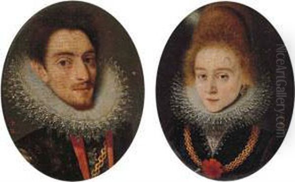 Portrait Of A Gentleman, 
Bust-length, In A Black Doublet With A Lace Ruff, And Wearing A Gold 
Chain; And Portrait Of A Lady, Bust-length, In A Black Dress With A Lace
 Trimmed Collar And Ruff And A Gold Chain With A Red Rosette Oil Painting by Frans Pourbus the younger