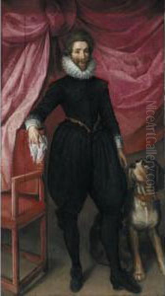 Portrait Of A Nobleman, Full 
Length, In Black Doublet And Hose With A White Ruff, Holding A Lace 
Handkerchief In His Right Hand, His Hound At His Side Oil Painting by Frans Pourbus the younger