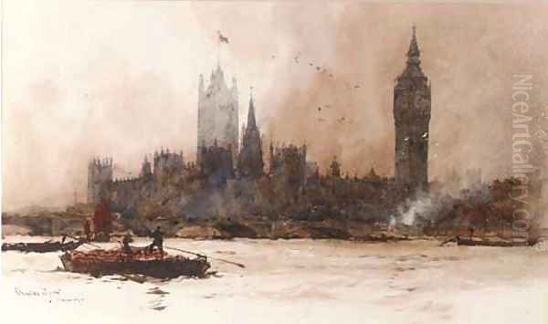 The Houses of Parliament, from the river Thames Oil Painting by Charles Edward Dixon