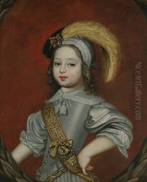 Portrait Of A Young Boy, 
Half-length, In Silver Robes And A Plumed Hat, In A Painted Cartouche Oil Painting by Frans Pourbus the younger