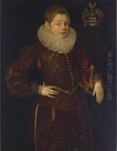 A Portrait Of Othon D'arckel, 
Aged 10, Standing Three-quarter Length, Wearing A Red Suit With A White 
Lace Collar, Holding A Sword Oil Painting by Frans Pourbus the younger