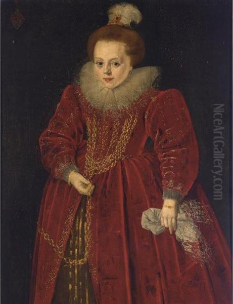 A Portrait Of Catherine 
D'arckel, Aged 8, Standing Three-quarter Length, Wearing A Red Dress 
With A White Lace Collar, A Feather Bonnet And A Golden Chain, Holding A
 White Handkerchief In Her Left Hand Oil Painting by Frans Pourbus the younger