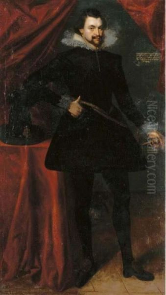 Portrait Of Ernst Markgraf Von 
Brandenburg, Full-length, In Blackdoublet And Hose With A White Ruff, 
Before A Red Curtain Oil Painting by Frans Pourbus the younger