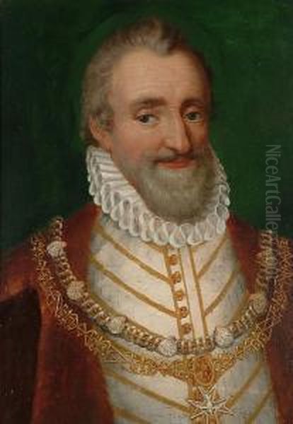 Portrait Of Henri Iv Of France, 
Bust-length, In A Gold And White Doublet And A White Rough Oil Painting by Frans Pourbus the younger