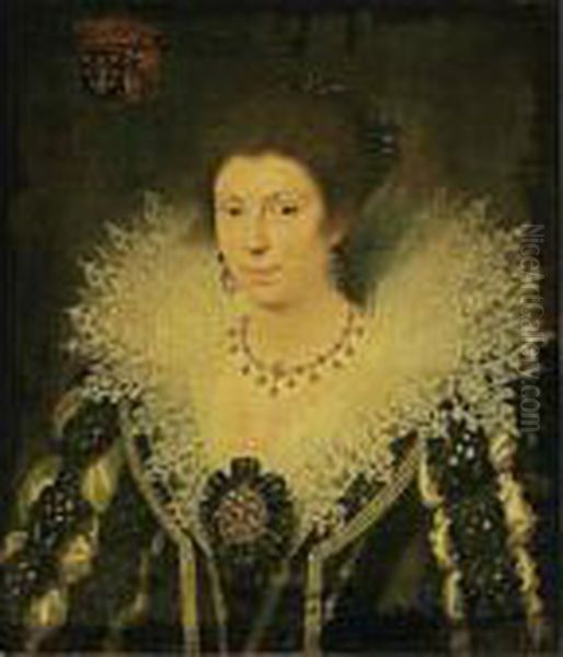 A Portrait Of Marie D'enghien De
 Kestergat, Lady D'eyseringhem (died 1649), Bust Length, Wearing A Black
 And White Satin Dress Decorated With Pearls, Together With An Elaborate
 Lace Collar, A Headdress, A Golden Necklace And Earrings Oil Painting by Frans Pourbus the younger