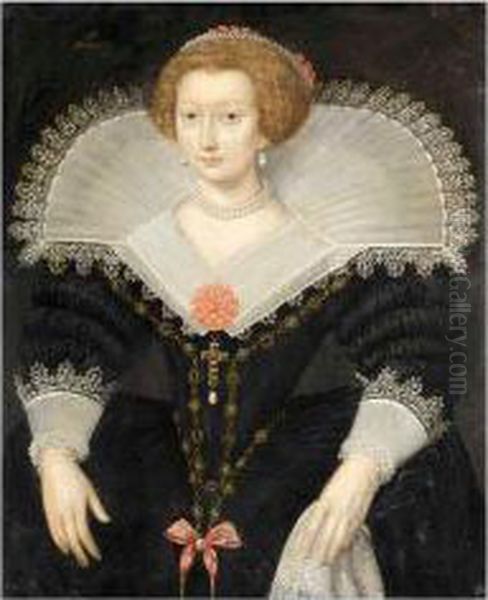 A Portrait Of A Lady, Three-quarter Length, Wearing A Black Dress And White Lace Collar Oil Painting by Frans Pourbus the younger